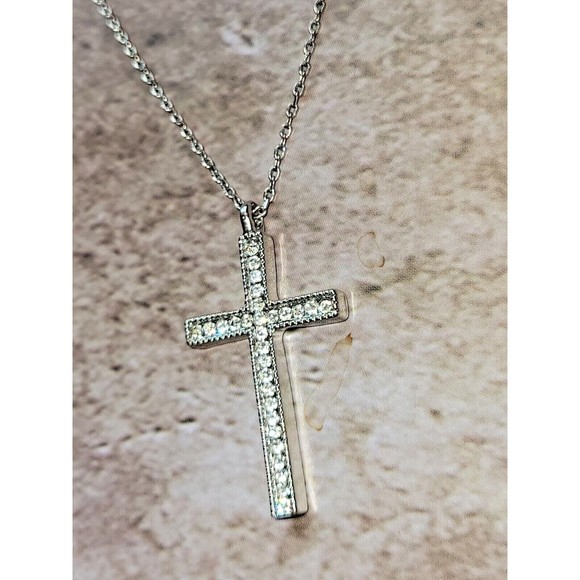 Charming Charlie Silver Tone Cross Crystal Pendant Chain Rhinestone Necklace - Picture 5 of 6